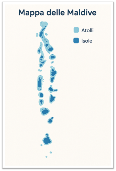 Mappa delle Maldive. In azzurro chiaro gli atolli, i puntini blu sono invece le isole.